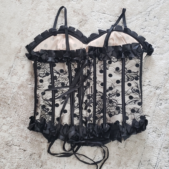 Small Beige Black Lace Polka Dot Corset Bustier Waist Trainer NWOT - Picture 2 of 11